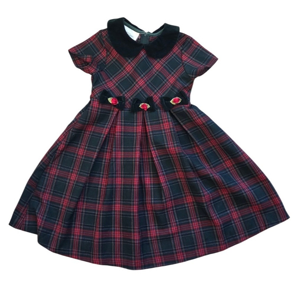 Vintage Bonnie NY Jean Tartan Plaid Dress Green Velvet Trim Holiday Girls 4T